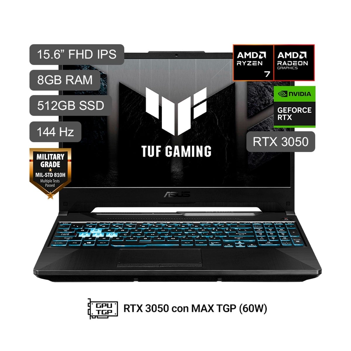 LAPTOP ASUS TUF GAMING A15 FA506NCQ-HN012W AMD RYZEN 7 170 8GB RAM 512GB SSD RTX 3050 15.6”