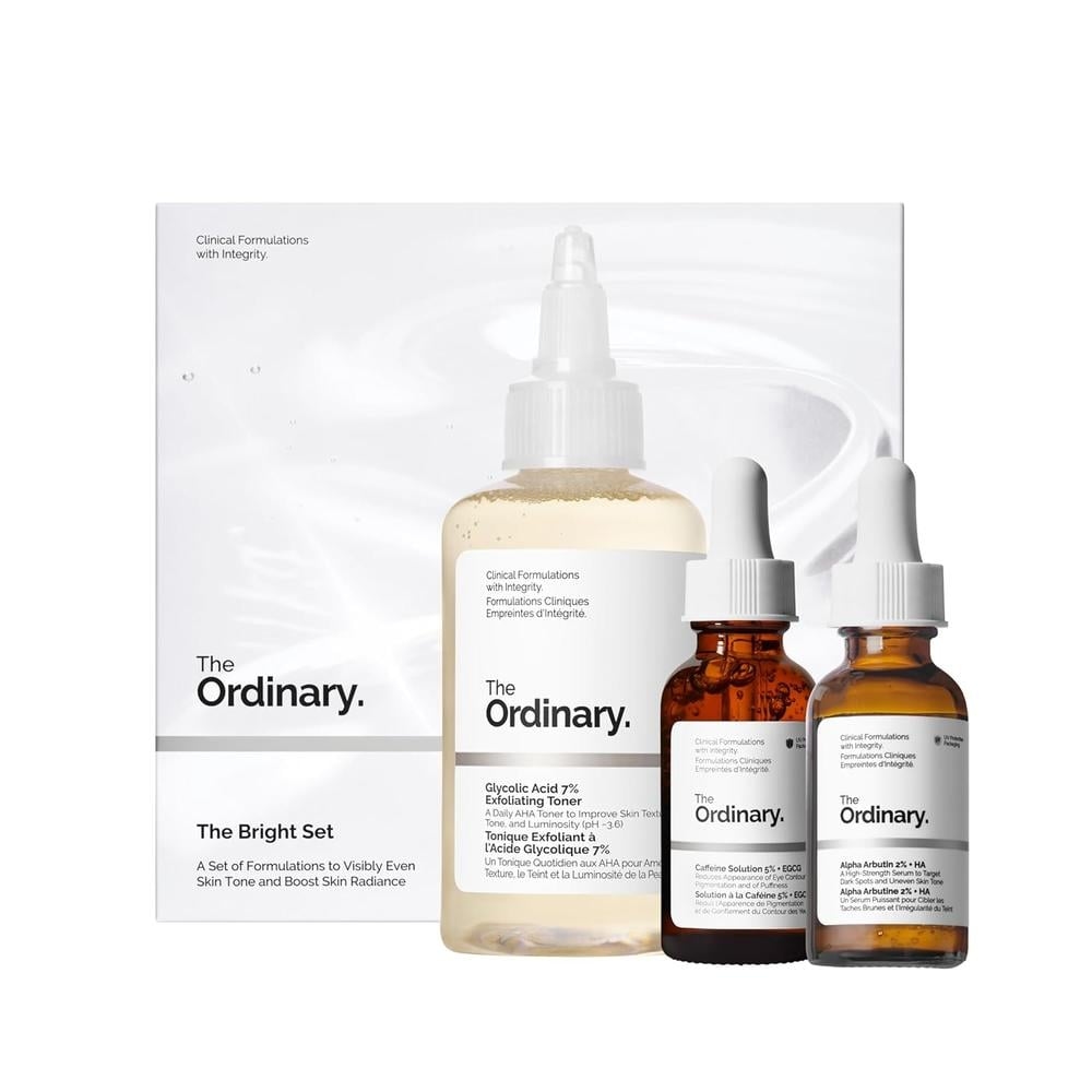 THE ORDINARY SET THE BRIGHT SET CON ÁCIDO GLICÓLICO, ALFA ARBUTINA Y CAFEÍNA