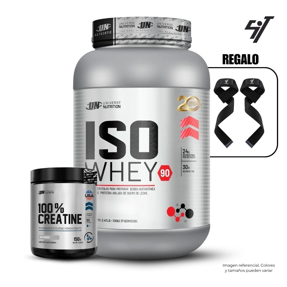 ISO WHEY 90 1.1 KG PROTEINA ISOLATADA - CHOCOLATE+CREATINA UNIVERSE NUTRITION 150GR+STRAPS