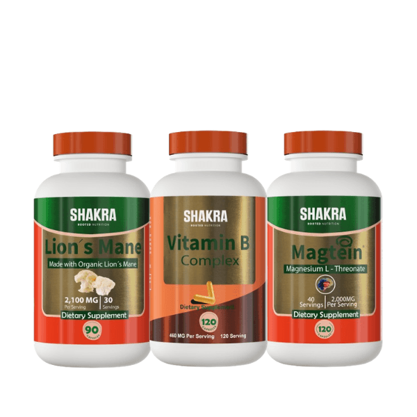 SHAKRA NEURO-PROTECCIÓN Y ENFOQUE (LION'S MANE MUSHROOM 90 cap + MAGTEIN 120 cap + VITAMIN B COMPLEX 120 cap)