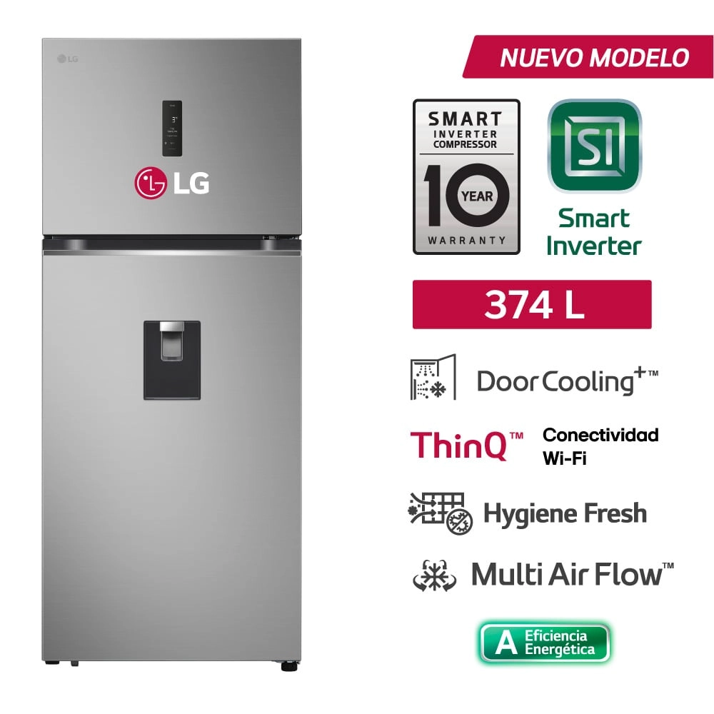 REFRIGERADORA TOP FREEZER LG 374L VT38SPYC S/DISPENSADOR PLATEADA