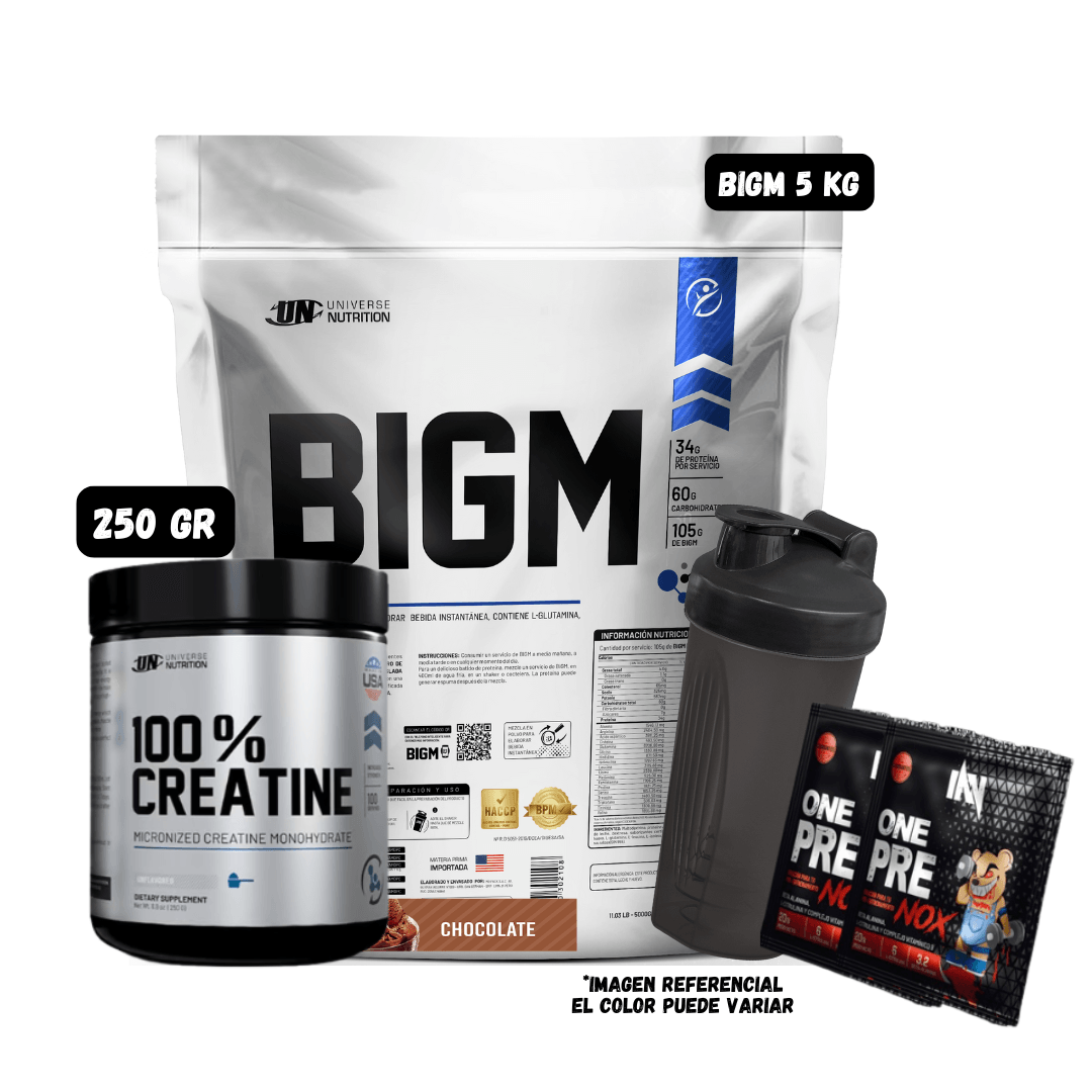 BIGM 5 KILOS (CHOCOLATE) + CREATINA MONOHIDRATADA UN 250 GRAMOS + 1 SHAKER + 2 SACHET DE PRE ENTRENO