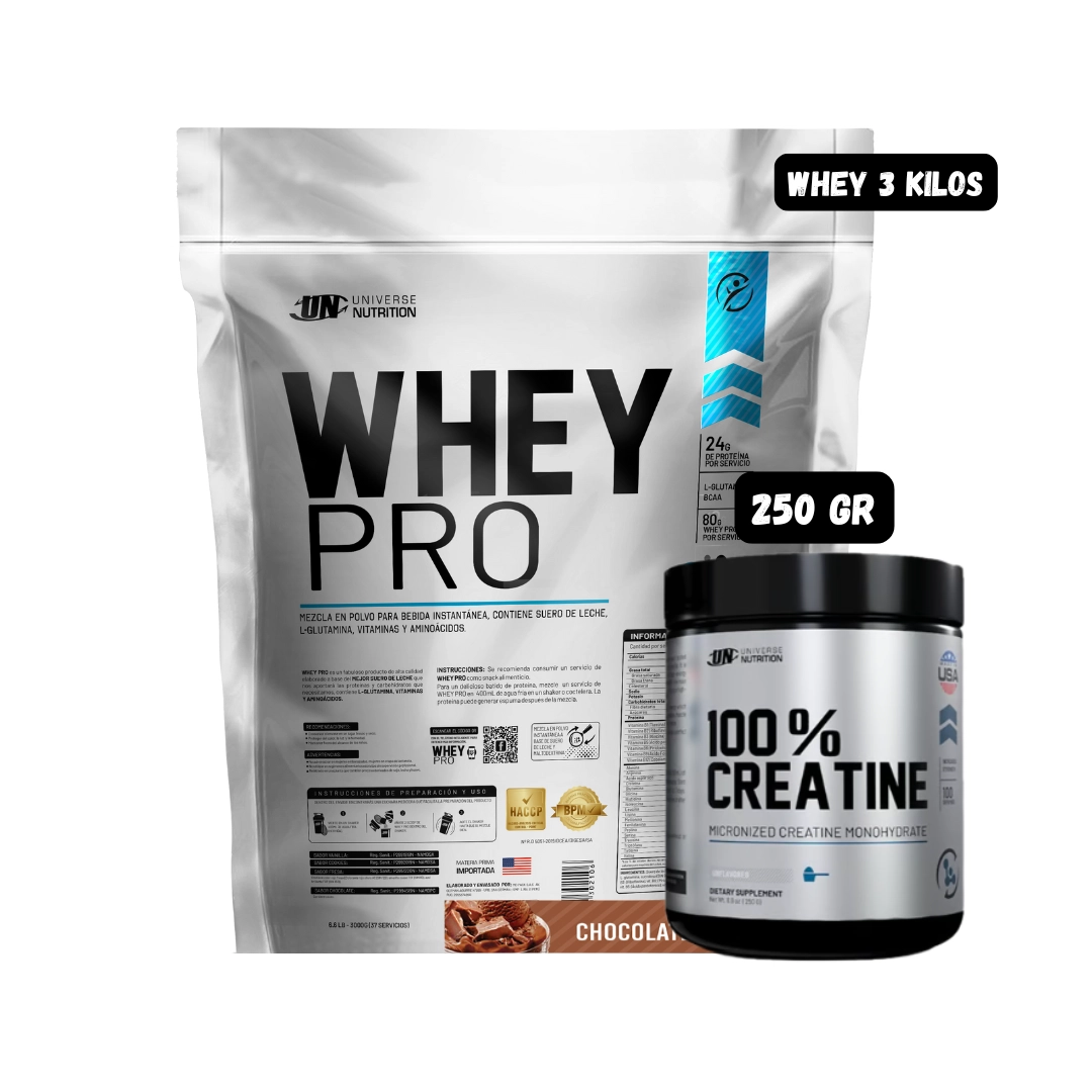 WHEY PRO 3 KG CHOCOLATE + CREATINA MONOHIDRATADA UN 250 GRAMOS