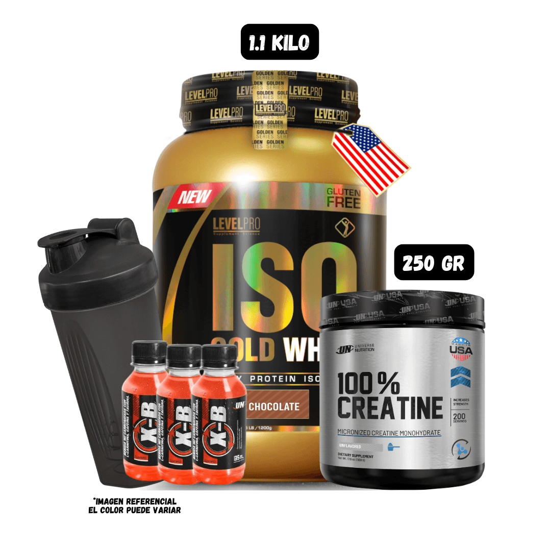 ISO GOLD WHEY 1.1 KG (CHOCOLATE) + CREATINA UN 250 GRAMOS + 3 BOTELLITAS QUEMADORES XB + 1 SHAKER