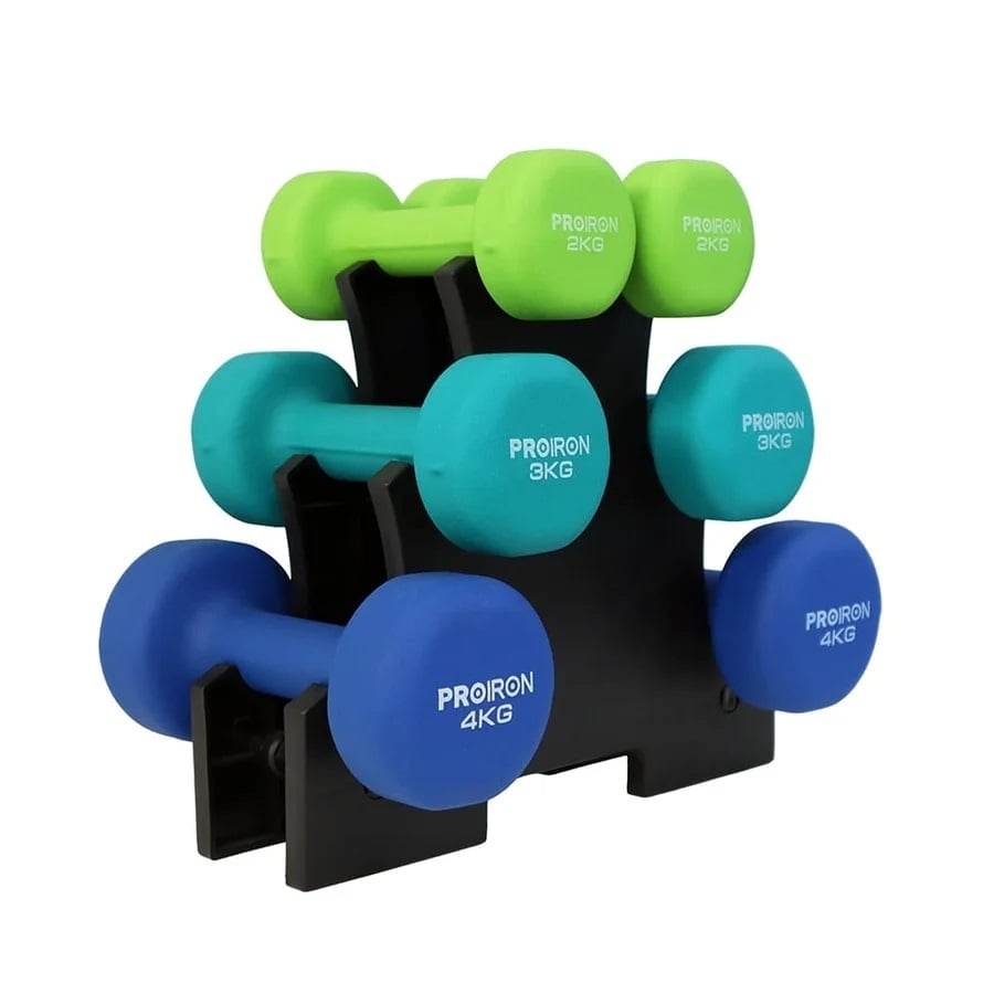 SET MANCUERNAS PROIRON NEOPRENO 2KG 3KG Y 4KG + RACK