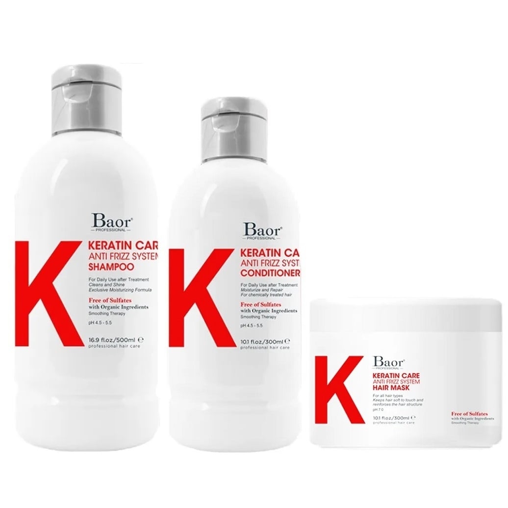 SHAMPOO ANTI FRIZZ BAOR PROFESSIONAL + ACONDICIONADOR + MASCARILLA K KERATIN CARE