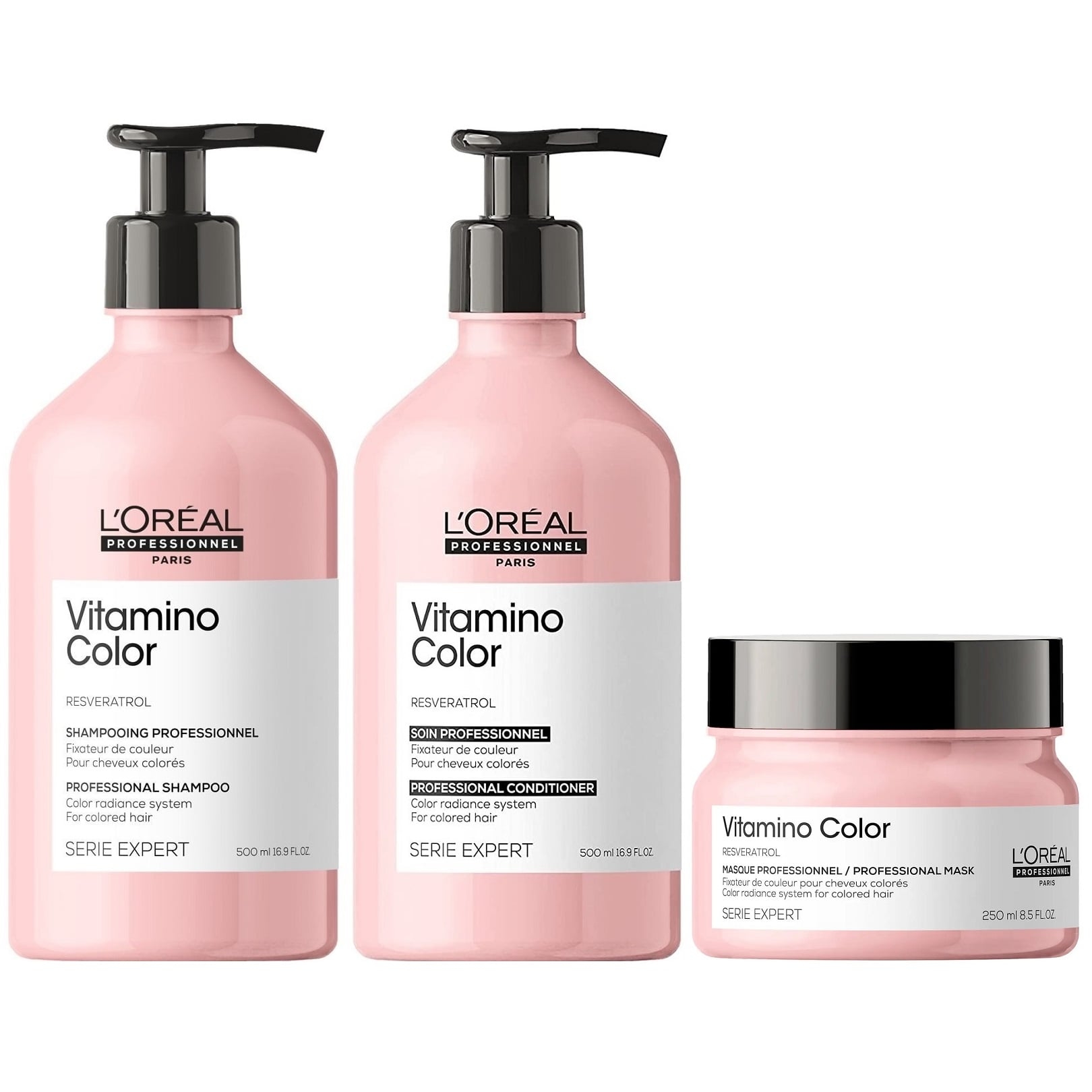 SHAMPOO LOREAL PROFESSIONNEL EMPHASELOVC017 500ML + ACONDICIONADOR + MASCARILLA LOREAL VITAMINO COLOR