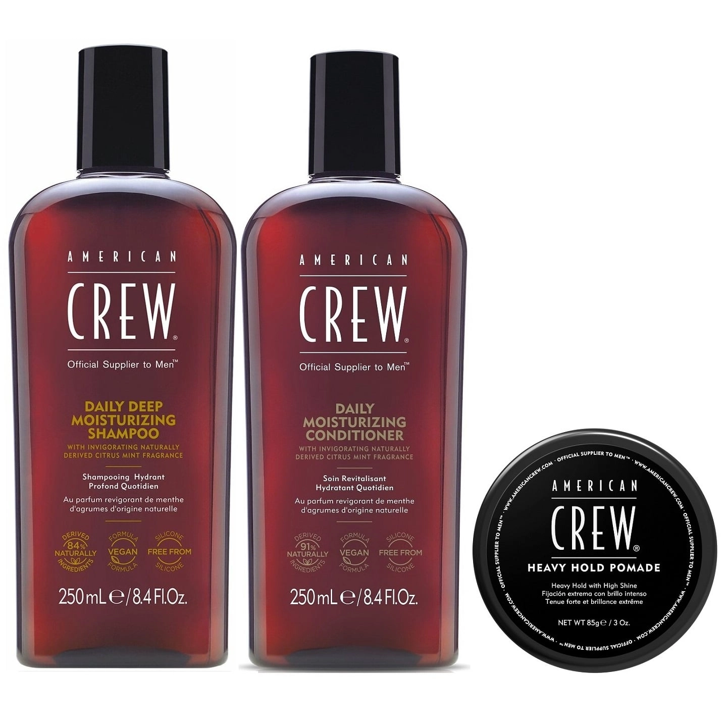 SHAMPOO AMERICAN CREW HIDRATANTE + ACONDICIONADOR + CERA HEAVY HOLD POMADE MEN