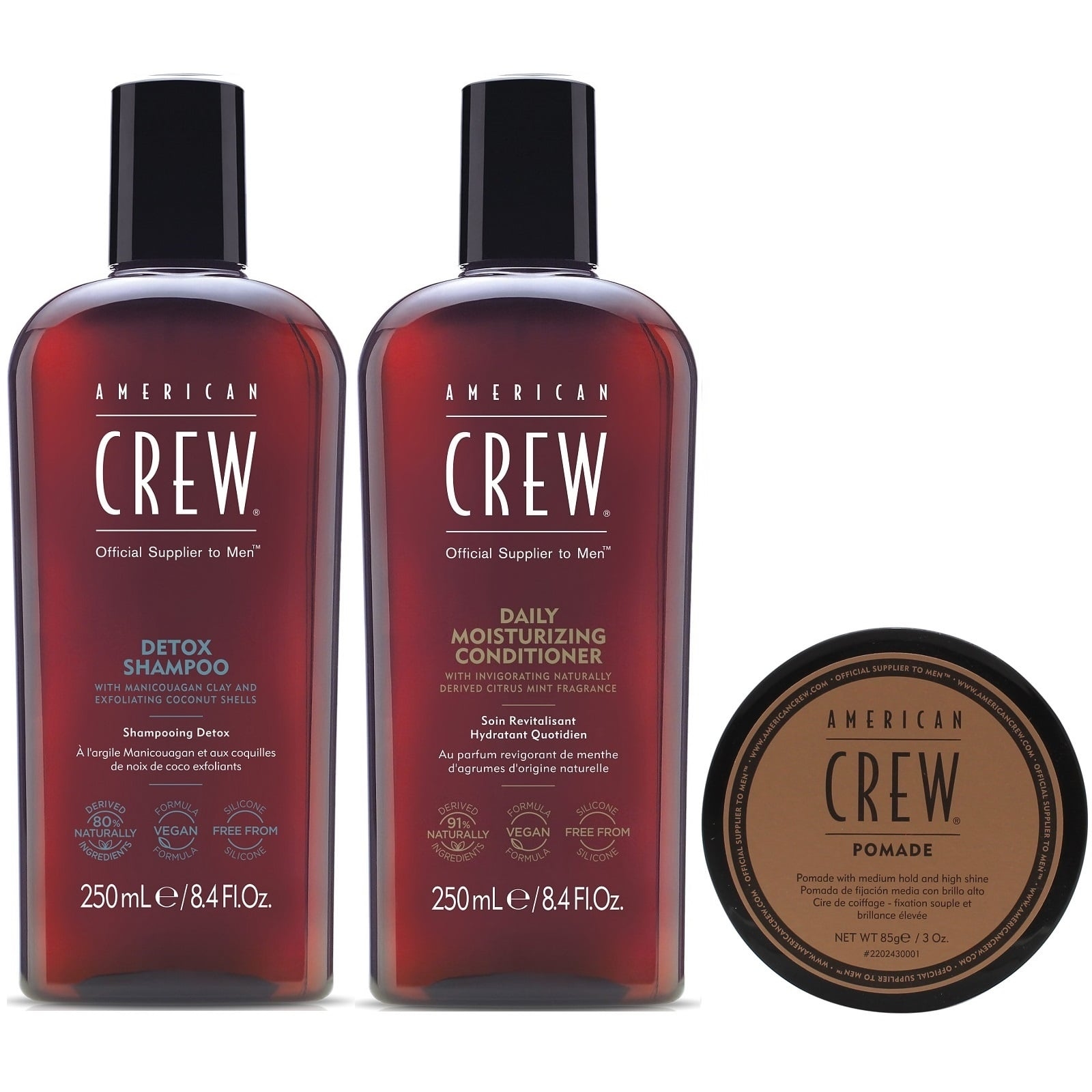 SHAMPOO AMERICAN CREW DETOX + ACONDICIONADOR + CERA POMADE MEN