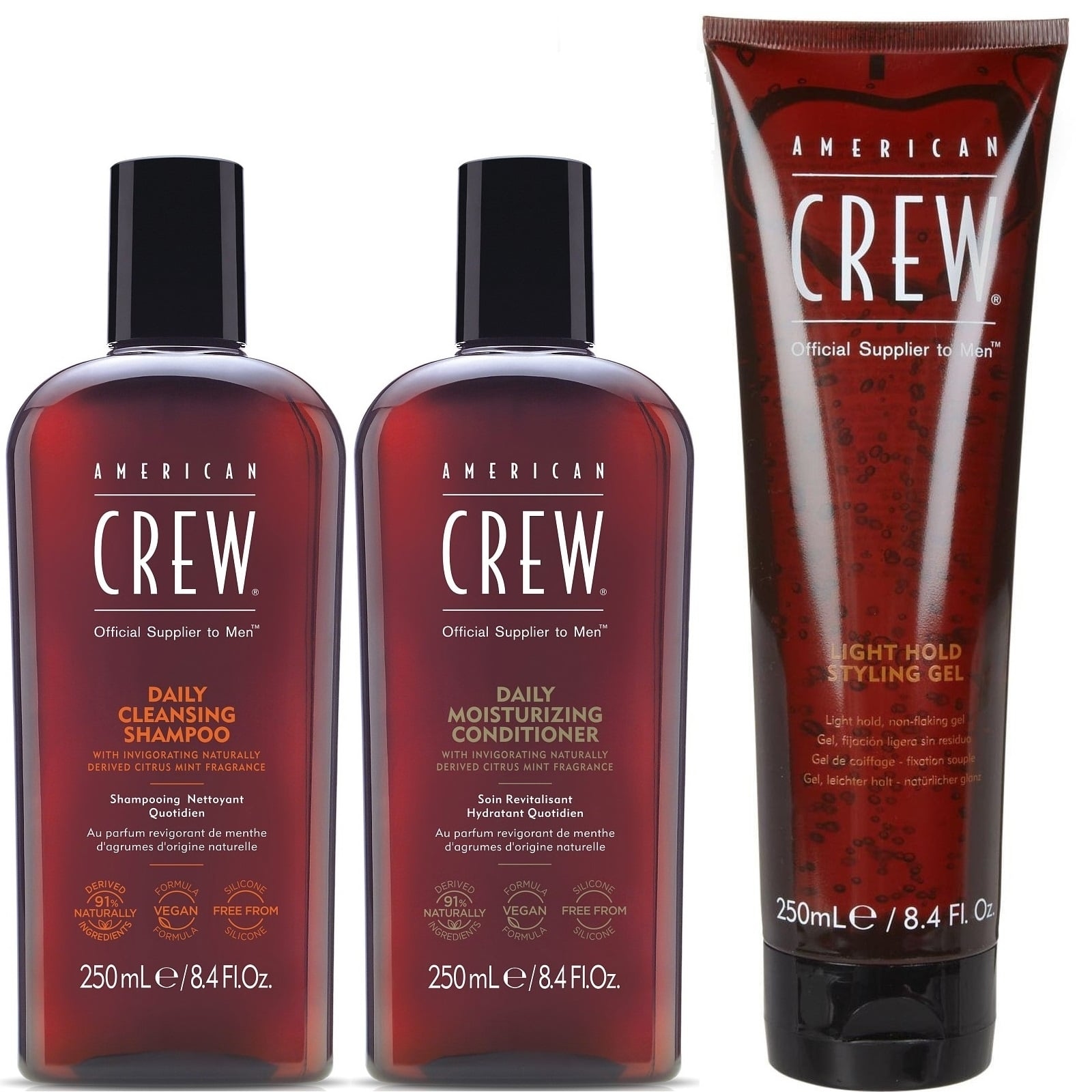 SHAMPOO AMERICAN CREW DAILY + ACONDICIONADOR + GEL FIJACIÓN SUAVE MEN