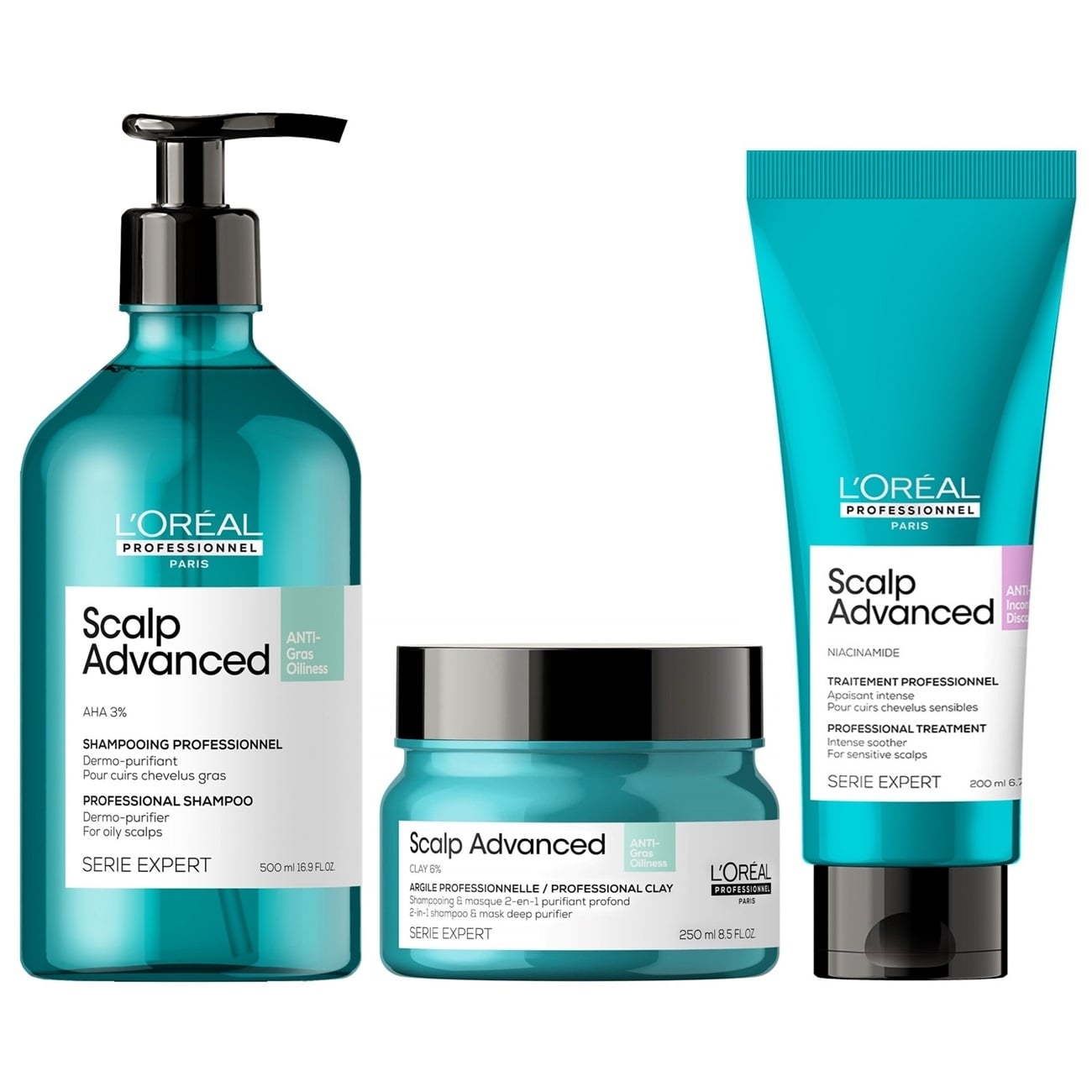 SHAMPOO ANTIGRASA 500ML + ACONDICIONADOR + MASCARILLA LOREAL SCALP ADVANCED