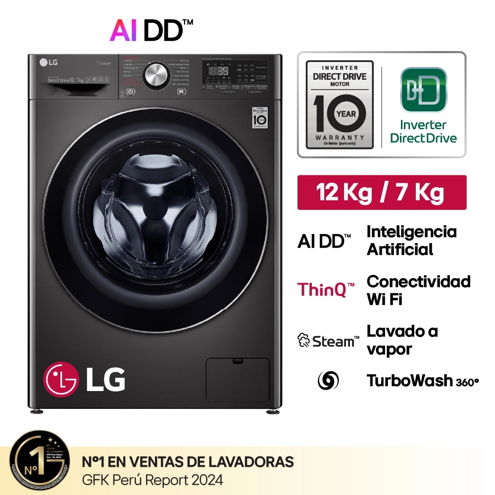 LAVASECA LG 12 KG/7KG CARGA FRONTAL WD12BVC2S6C AI DD INTELIGENCIA ARTIFICIAL NEGRO ACERO