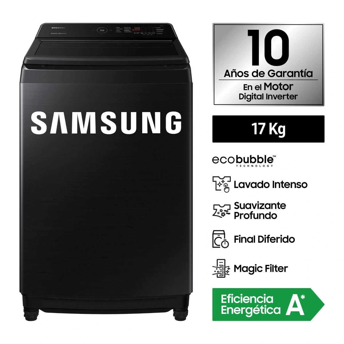 LAVADORA SAMSUNG 17 KG CARGA SUPERIOR ECO BUBBLE WA17CG6441BVPE NEGRO