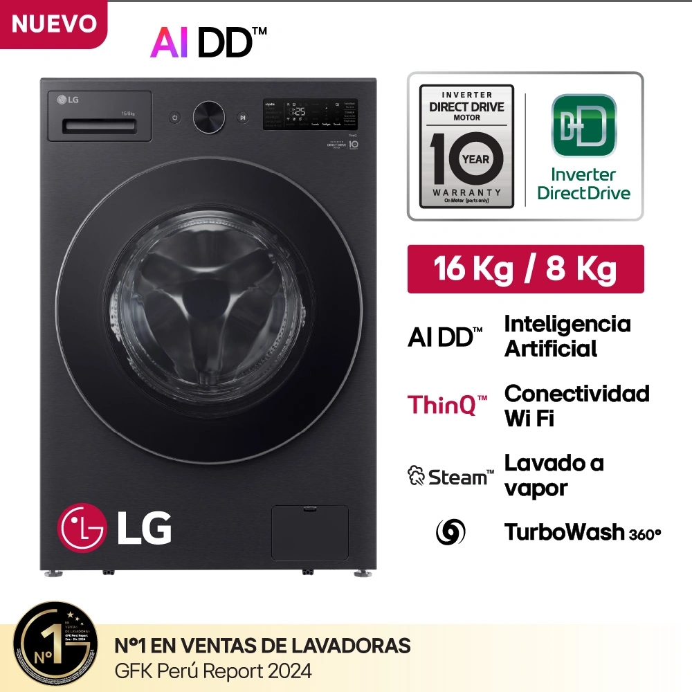 LAVASECA LG CARGA FRONTAL 16KG/8KG WD16EBNT6PC AI DD INTELIGENCIA ARTIFICIAL NEGRO MATE
