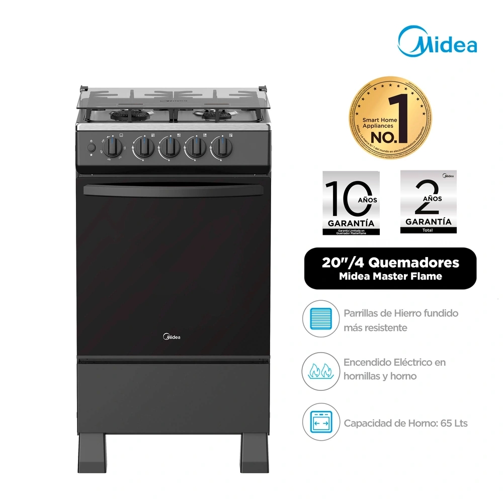 COCINA DE PIE A GAS MIDEA 4 HORNILLAS MGS20FS2LFAMB-PE ACERO INOXIDABLE