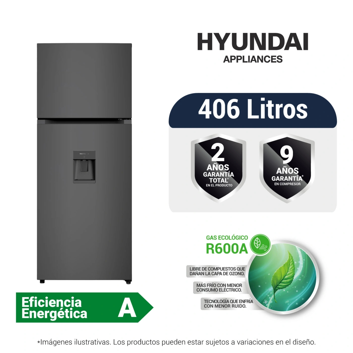 REFRIGERADORA HYUNDAI TOP FREEZER NO FROST HYRF4062IVNFM 406L NEGRO MÉTALICO