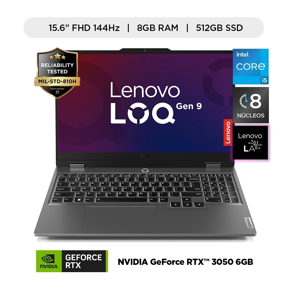 LAPTOP LENOVO LOQ INTEL CORE I5-12450HX 8GB RAM 512 GB SSD RTX 3050 6GB 15.6" FHD 144 Hz