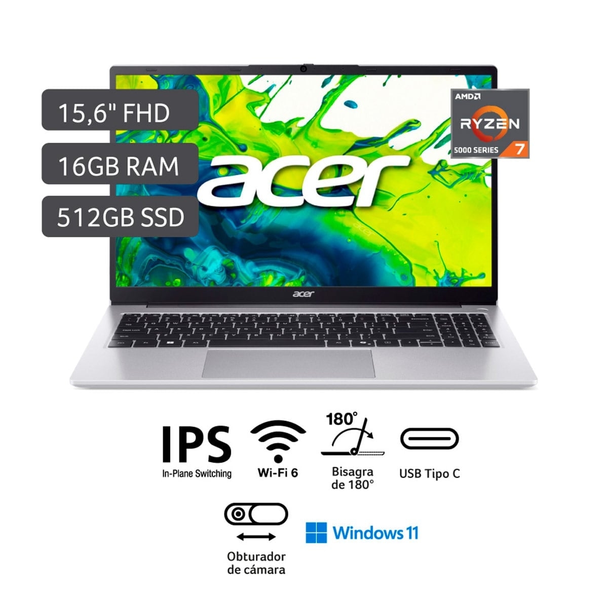LAPTOP ACER ASPIRE LITE AMD Ryzen™ 7 16GB RAM 512GB SSD 15.6”