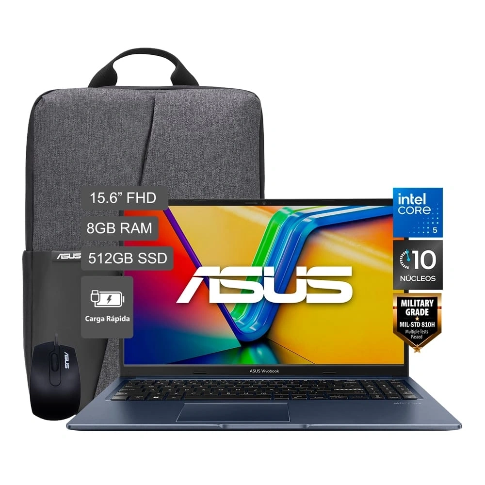 LAPTOP ASUS VIVOBOOK 15 X1504VA-BQ4454W INTEL CORE 5 120U 8GB 512SSD 15.6" FHD + MOCHILA + MOUSE