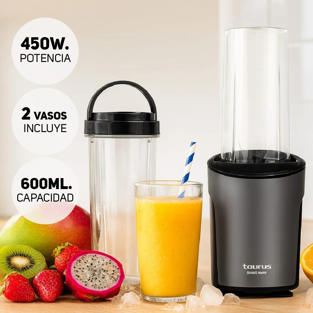 LICUADORA TAURUS SHAKE AWAY 2.0 1 VELOCIDAD 600 ML + VASO PORTÁTIL ADICIONAL