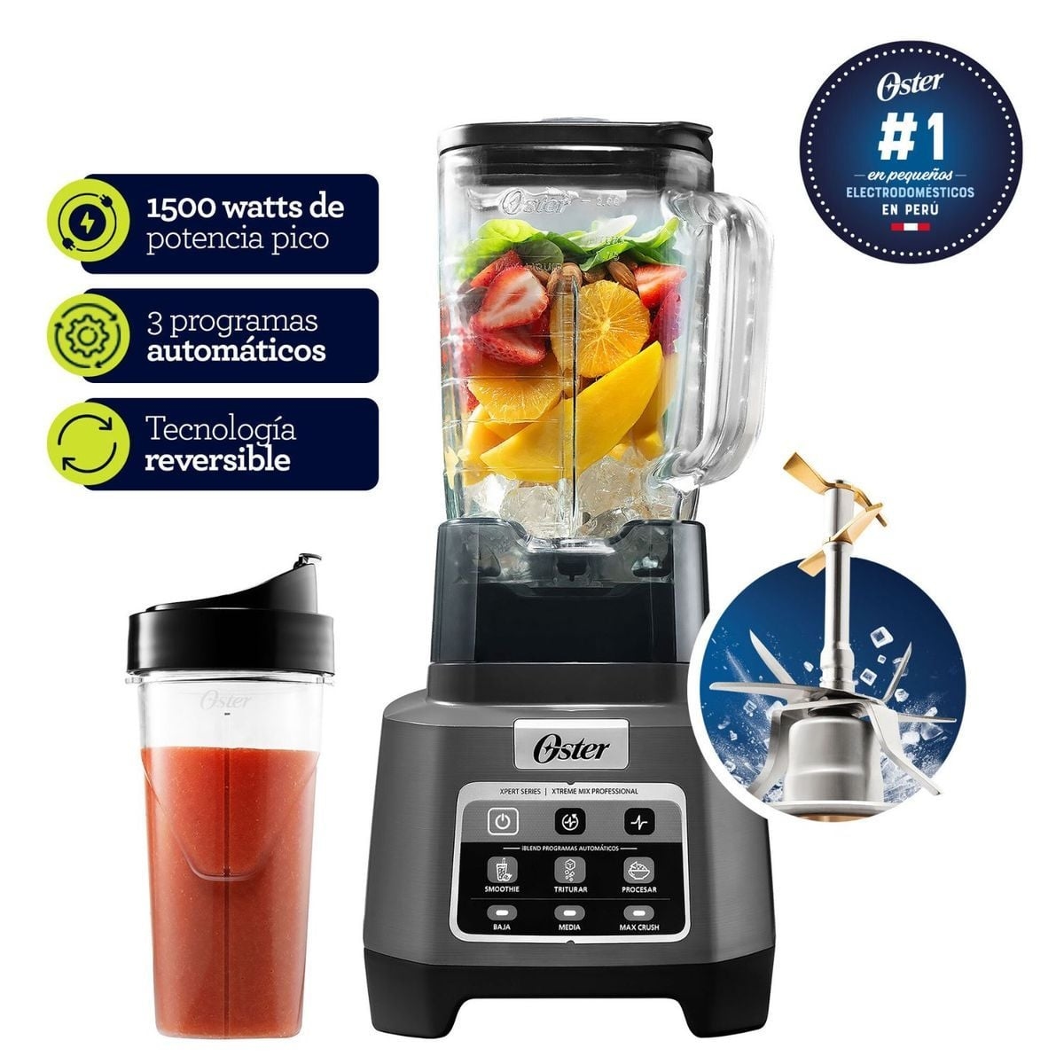 LICUADORA OSTER PROFESIONAL XTREME MIX CON IBLEND Y MAX CRUSH CON TECNOLOGÍA REVERSIBLE + VASO BLEND-N-GO BLSTXPG-BGW