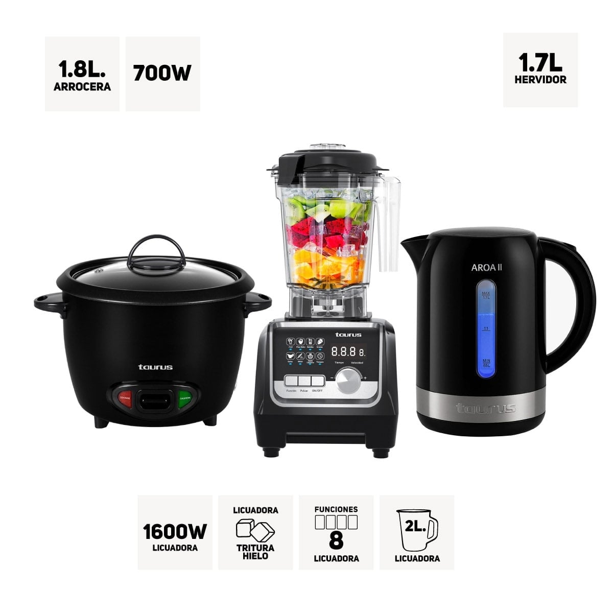 COMBO TAURUS LICUADORA ELITE PROFESSIONAL+ OLLA ARROCERA TRC-18 + HERVIDOR AROA II