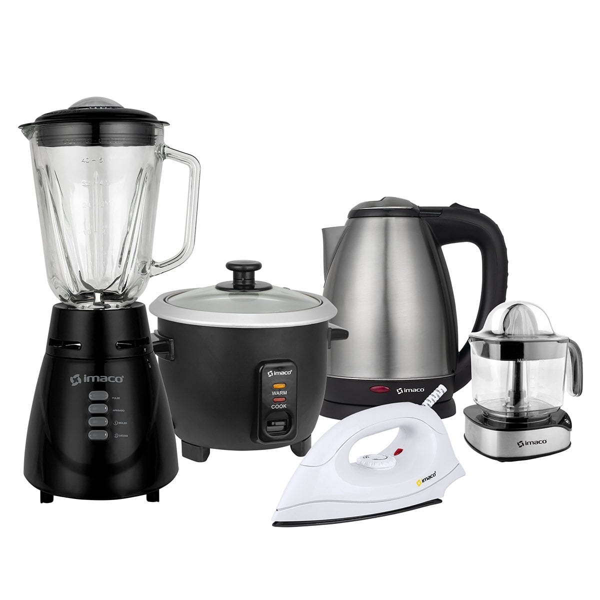 COMBO IMACO LICUADORA BL4125VN + HERVIDOR KE1801 + ARROCERA RC006N + EXPRIMIDOR CP2512I + PLANCHA ID1