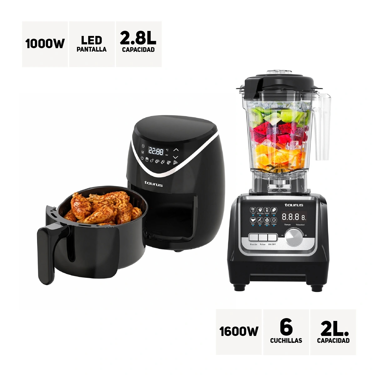 COMBO TAURUS LICUADORA ELITE 1600W + FREIDORA DE AIRE 2.6L BLACK FRYER II