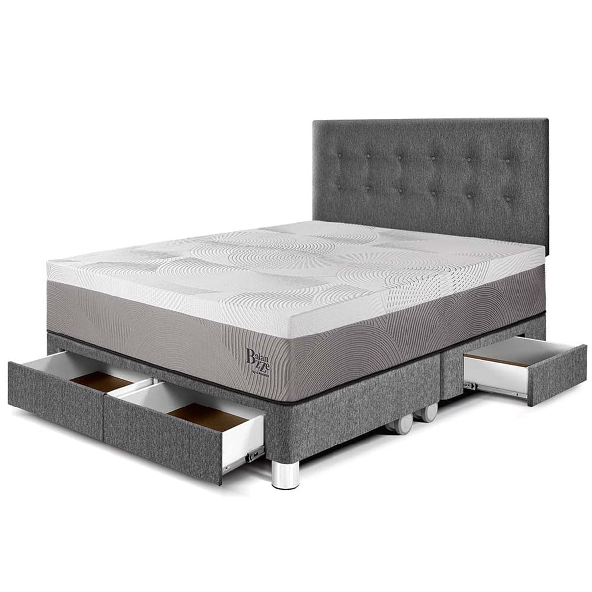 DORMITORIO CON CAJONES PARAÍSO BALANZZE QUEEN GRIS BIPANEL + 2 ALMOHADAS VISCOELÁSTICAS