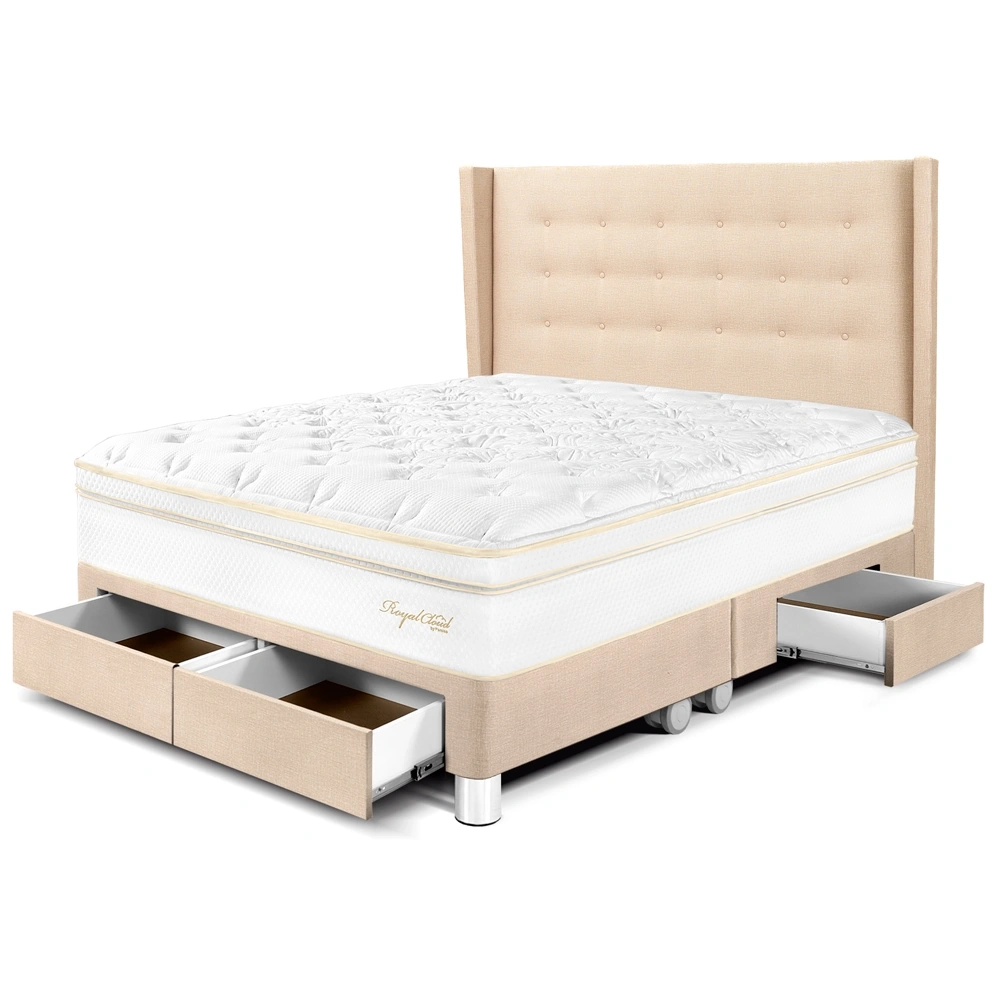 DORMITORIO CON CAJONES PARAÍSO ROYAL CLOUD QUEEN + CABECERA GOLD CHAMPAGNE + 2 ALMOHADAS VISCOELÁSTICAS