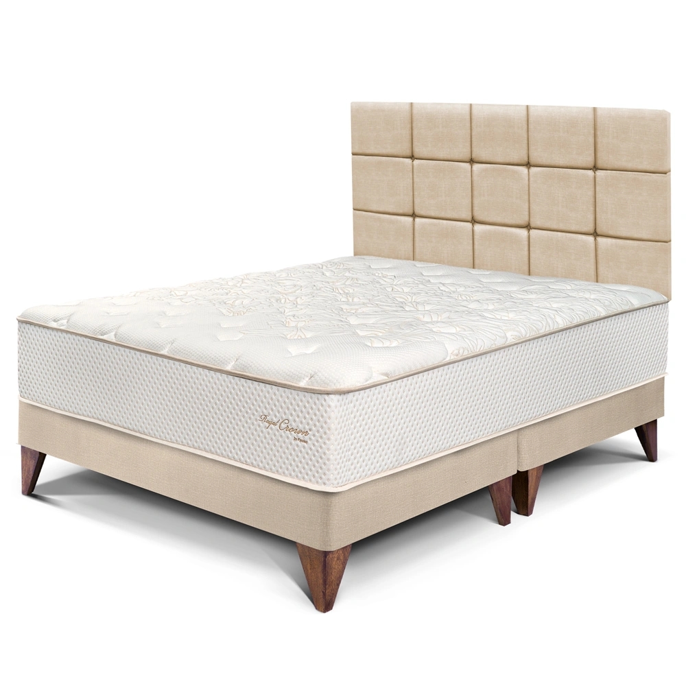 DORMITORIO EUROPEO PARAÍSO ROYAL CROWN QUEEN + CABECERA BLOCKS CHAMPAGNE + 2 ALMOHADAS VISCOELÁSTICAS