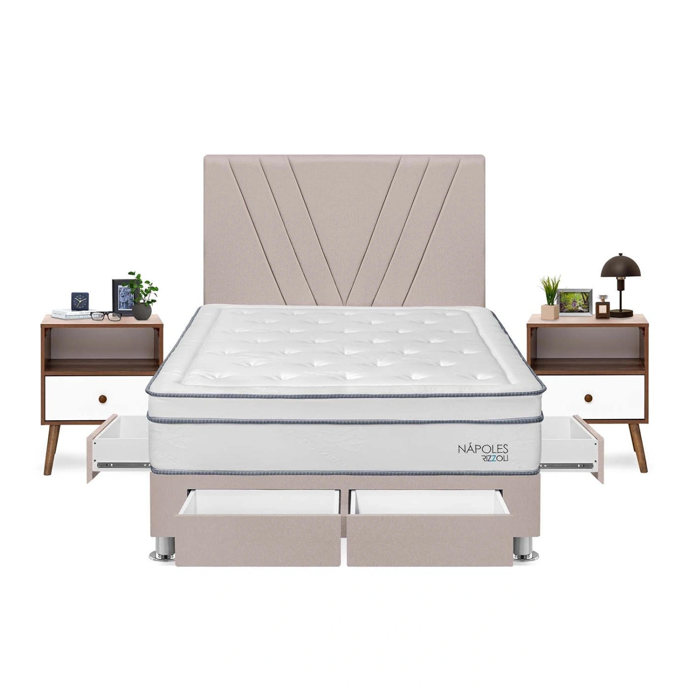 DORMITORIO RIZZOLI NAPOLES 2 PLAZAS CON CAJONES BEIGE + VELADORES