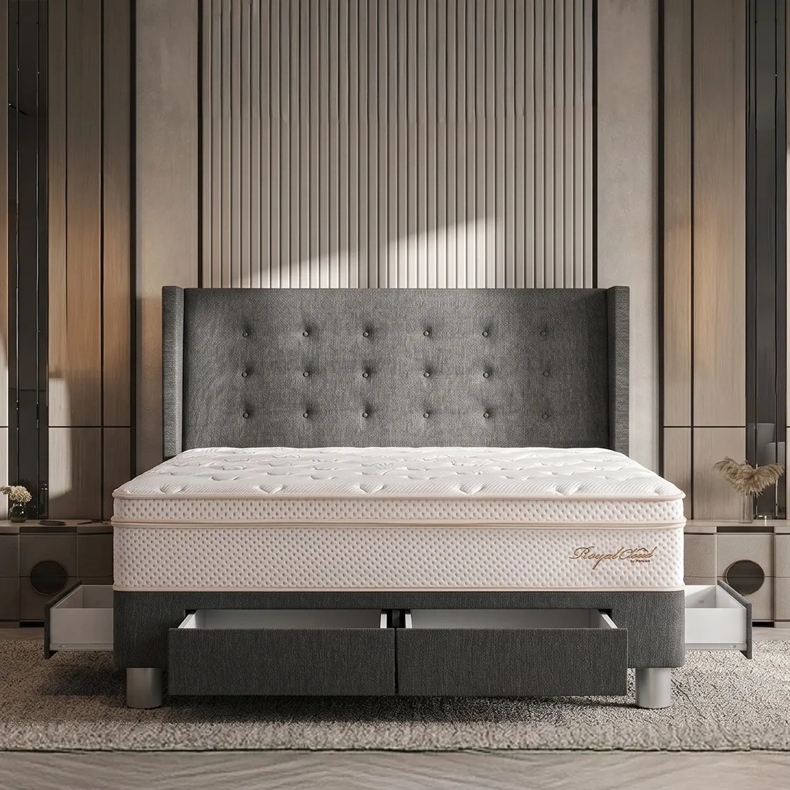 DORMITORIO CON CAJONES PARAÍSO ROYAL CLOUD GOLD QUEEN GRIS + 2 ALMOHADAS VISCOELÁSTICAS