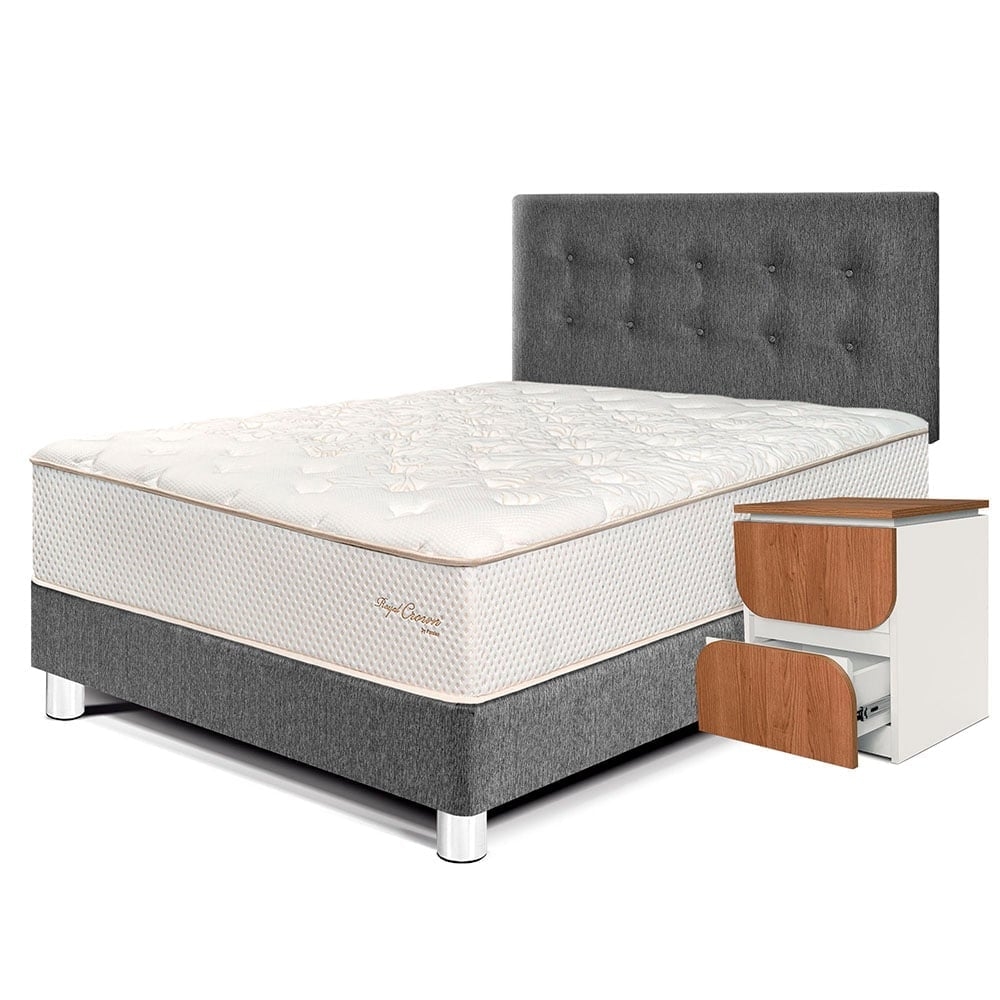 DORMITORIO PARAÍSO ROYAL CROWN 2 PLAZAS + VELADOR MOON GRIS + 2 ALMOHADAS VISCOELÁSTICAS