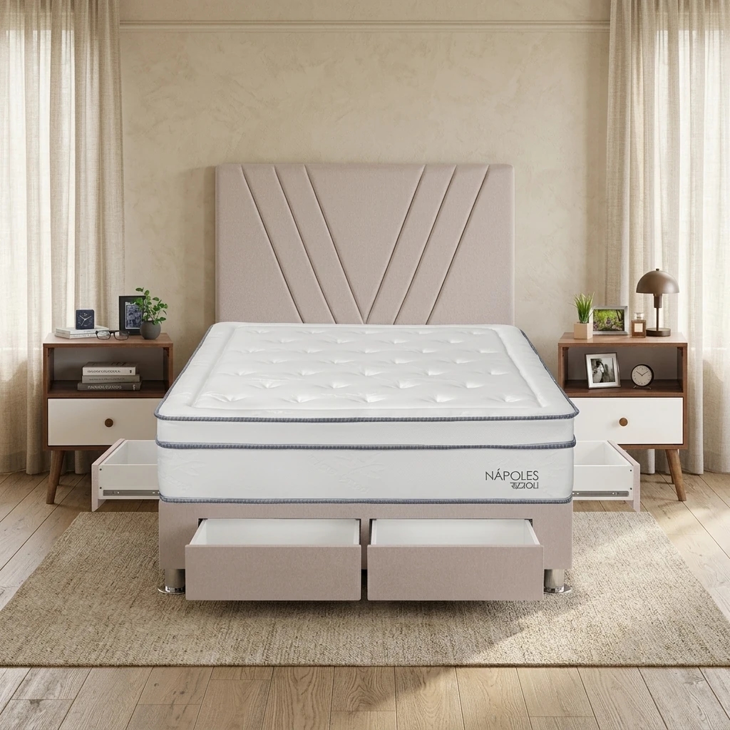 DORMITORIO RIZZOLI NAPOLES 2 PLAZAS CON CAJONES BEIGE + VELADORES